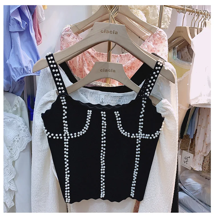 2021 Summer Fashion Pearl Beads Stretch Knitted Sling Ladies Solid Color Sleeveless Slimming Short Top Women Camisole
2021 Summer Fashion Pearl Beads Stretch Knitted Sling Ladies Solid Color Sleeveless Slimming Short Top Women Camisole