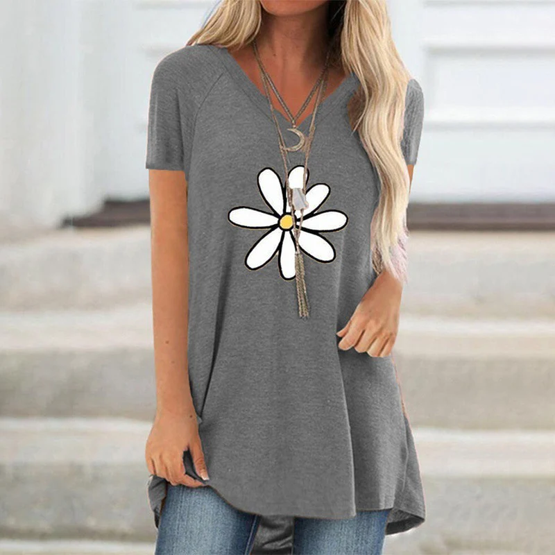 Woman Graphic T-shirts with Short Sleeve Casual Loose V-neck Flower Print Long T-shirt Plus Size Top Tee Shirt Summer 2021
Woman Graphic T-shirts with Short Sleeve Casual Loose V-neck Flower Print Long T-shirt Plus Size Top Tee Shirt Summer 2021