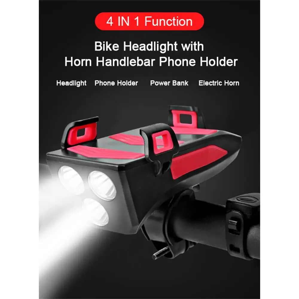 4 in 1 3-head Head Lamp USB Rechargeable 3 Modes LED Light Bicycle Headlight Bike Horn Handlebar Phone Holder
4 in 1 3-head Head Lamp USB Rechargeable 3 Modes LED Light Bicycle Headlight Bike Horn Handlebar Phone Holder