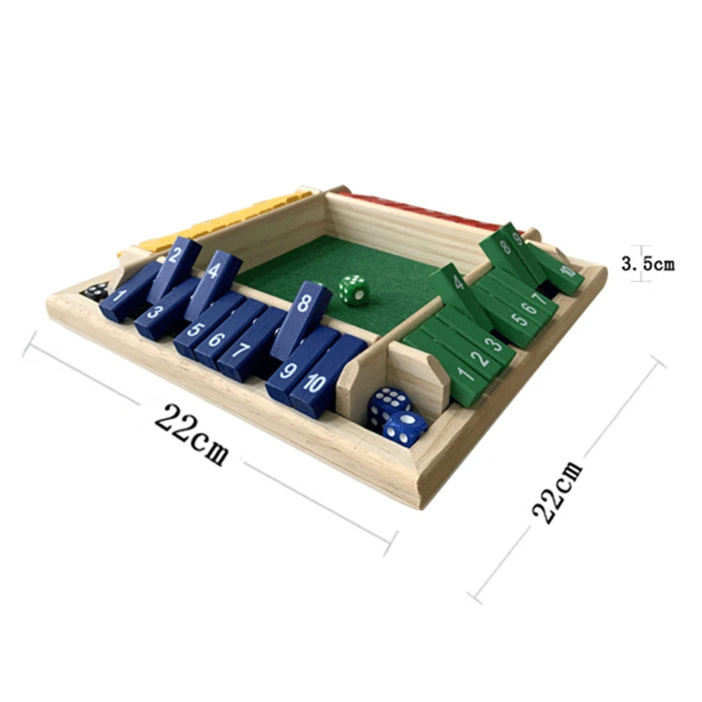 Shut The Box Dice Board Game 4 Sided 10 Number Wooden Flaps & Dices Game Set for 4 People Kids Family Pub Bar Party Supplies
Shut The Box Dice Board Game 4 Sided 10 Number Wooden Flaps & Dices Game Set for 4 People Kids Family Pub Bar Party Supplies