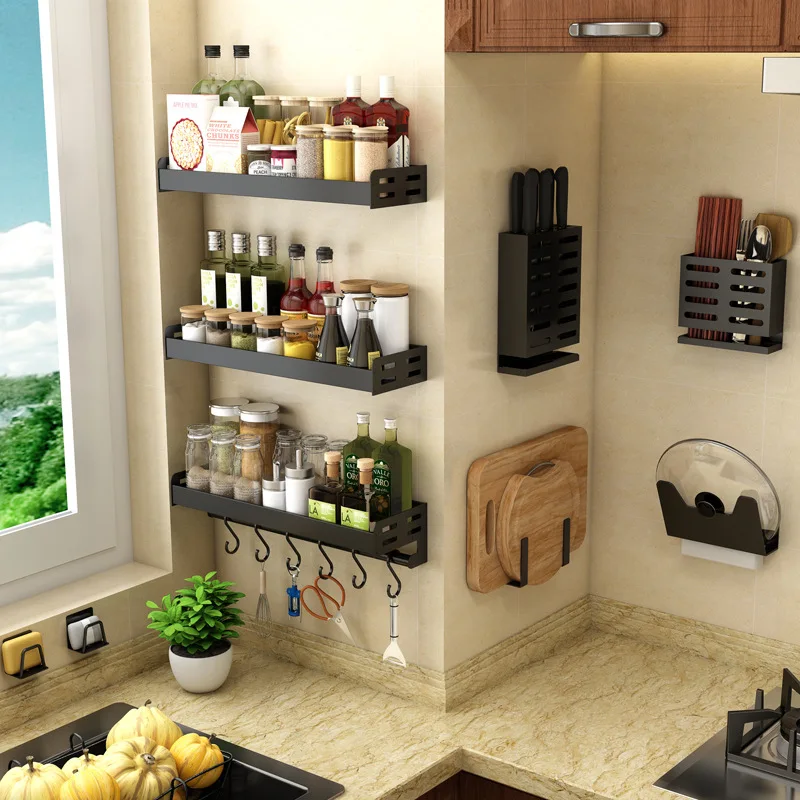 No punching black wall hanging kitchen shelf wall hanging multifunctional seasoning storage rack five pieces of kitchen supplies
No punching black wall hanging kitchen shelf wall hanging multifunctional seasoning storage rack five pieces of kitchen supplies