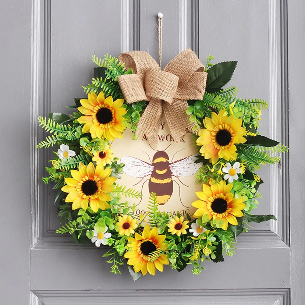 

Front Door Home Decoration Indoor Outdoor Gift Living Room Sunflower Bees Artificial Wreath Window Garden Wedding Spring Summer