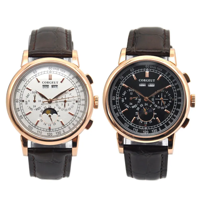 Top Corgeut 42mm Mechanical Wristwatches Moon Phase Rosegold White Dial Year Day Month Week 316L SS Case Automatic Watch Men
Top Corgeut 42mm Mechanical Wristwatches Moon Phase Rosegold White Dial Year Day Month Week 316L SS Case Automatic Watch Men