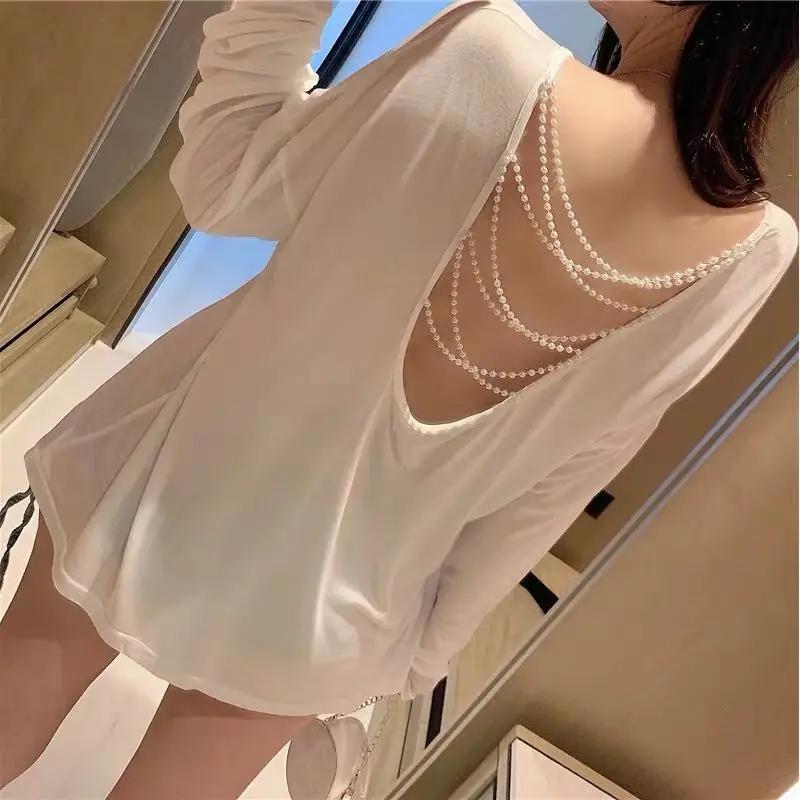New Women Sexy Backless White T-Shirt Spring Summer Long Sleeve Top Fashion Bead Chain Thin Bottoming Tees Loose Casual Clothing
New Women Sexy Backless White T-Shirt Spring Summer Long Sleeve Top Fashion Bead Chain Thin Bottoming Tees Loose Casual Clothing