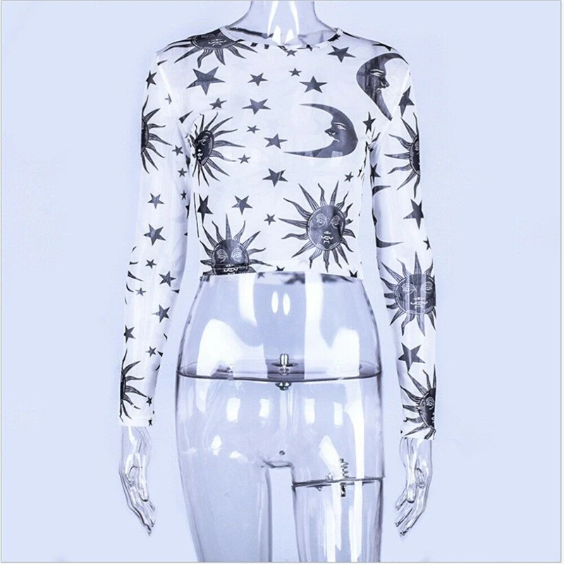 Sexy Women Transparent Mesh Crop TopsSun Moon Printed See Through Black White Long Sleeve Sheer Slim Ladies Round Neck T-Shirt
Sexy Women Transparent Mesh Crop TopsSun Moon Printed See Through Black White Long Sleeve Sheer Slim Ladies Round Neck T-Shirt