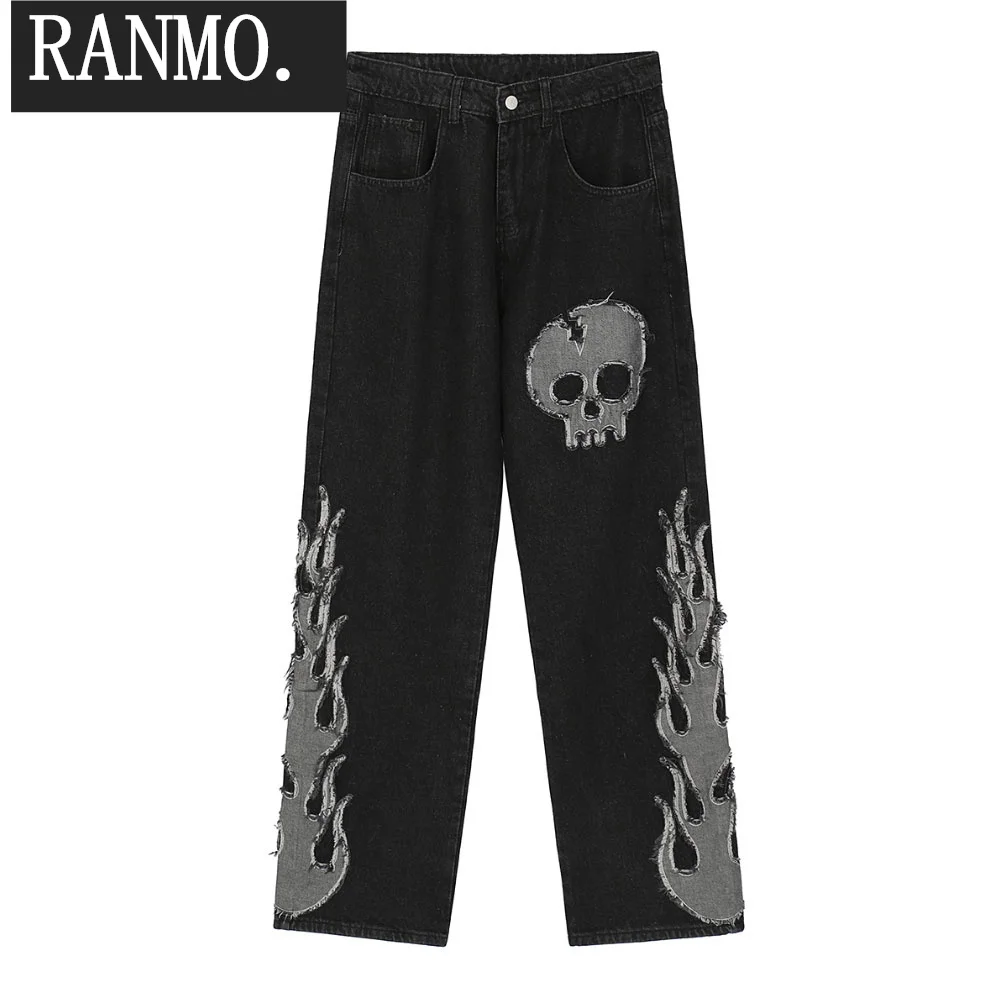 Distressed Jeans Skull Fire Flame Patchwork Denim Pants Streetwear Mens Hip Hop Fashion Harajuku Casual Loose Trousers
Distressed Jeans Skull Fire Flame Patchwork Denim Pants Streetwear Mens Hip Hop Fashion Harajuku Casual Loose Trousers