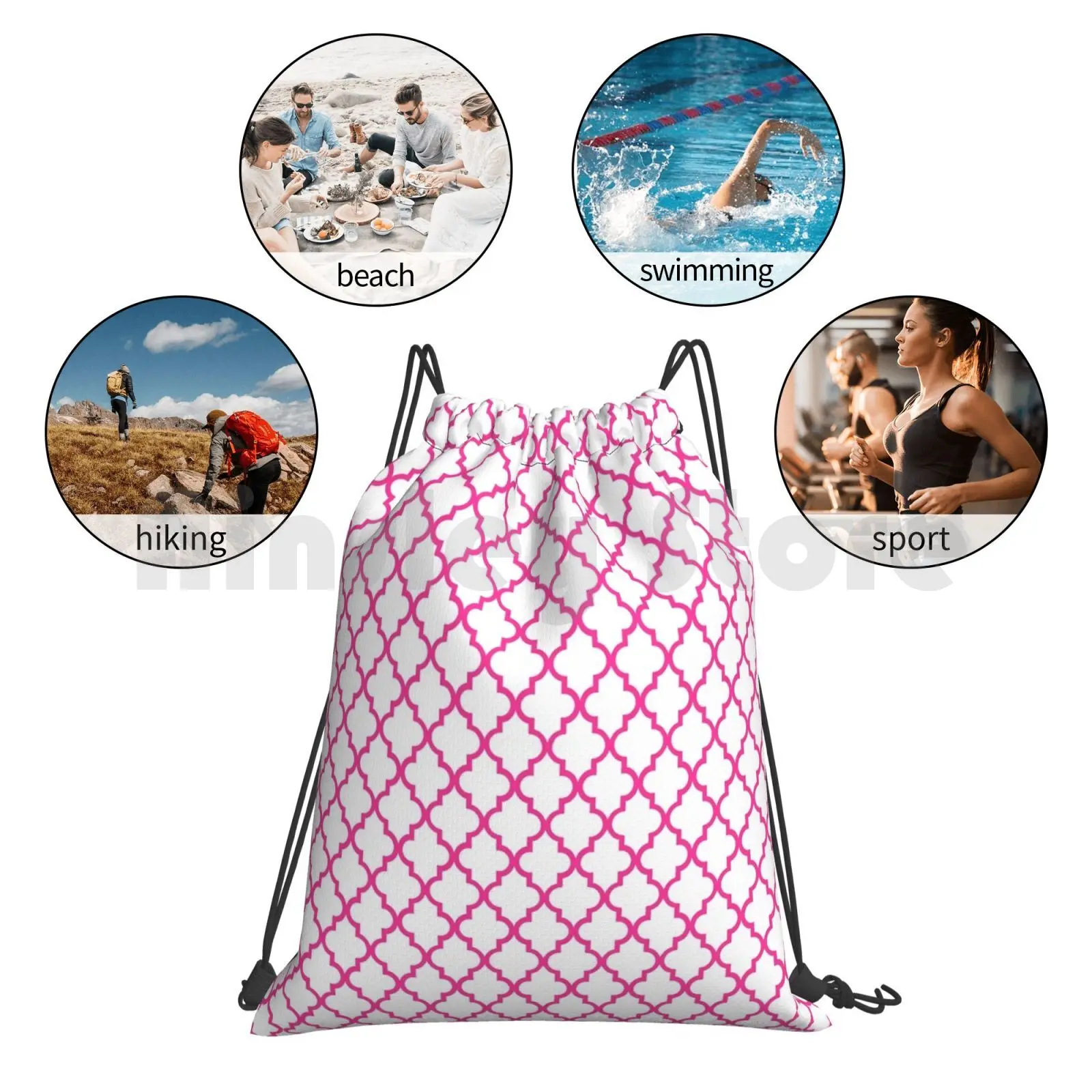 Dark Pink Moroccan Backpack Drawstring Bags Gym Bag Waterproof Moroccan Pattern Cute Pretty Pink Hot Pink Dark Pink Girly