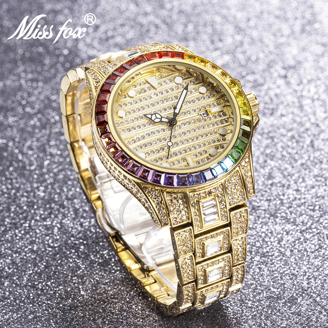 

MISSFOX Colored Diamonds Top Men Watches Full Diamond Hip Hop Fashion Male Quartz Iced Out Bling AAA Watch Date Jewelry Clocks
