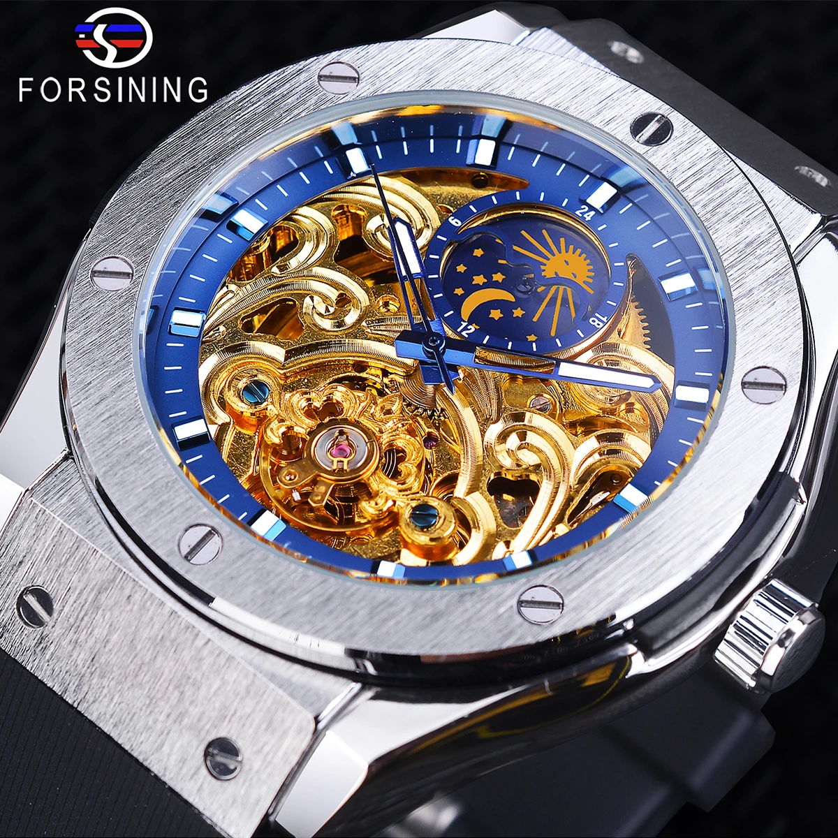 

Forsining Top Brand Golden Luxury Silicone Buckle Clasp Waterproof Transparent Dial Automatic Mechanical Watch Relogio Masculino