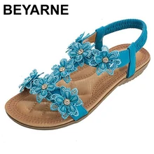 BEYARNEComfortable flat sandals women big size summer shoes woman bohemia flowers rhinestone beach ladies shoes thongs