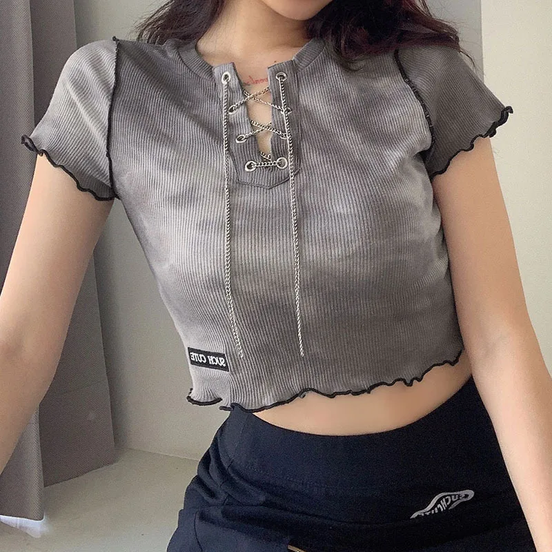 summer European and American style new letter small embroidery corns chain navel exposed tie dye T-shirt casual top female
summer European and American style new letter small embroidery corns chain navel exposed tie dye T-shirt casual top female