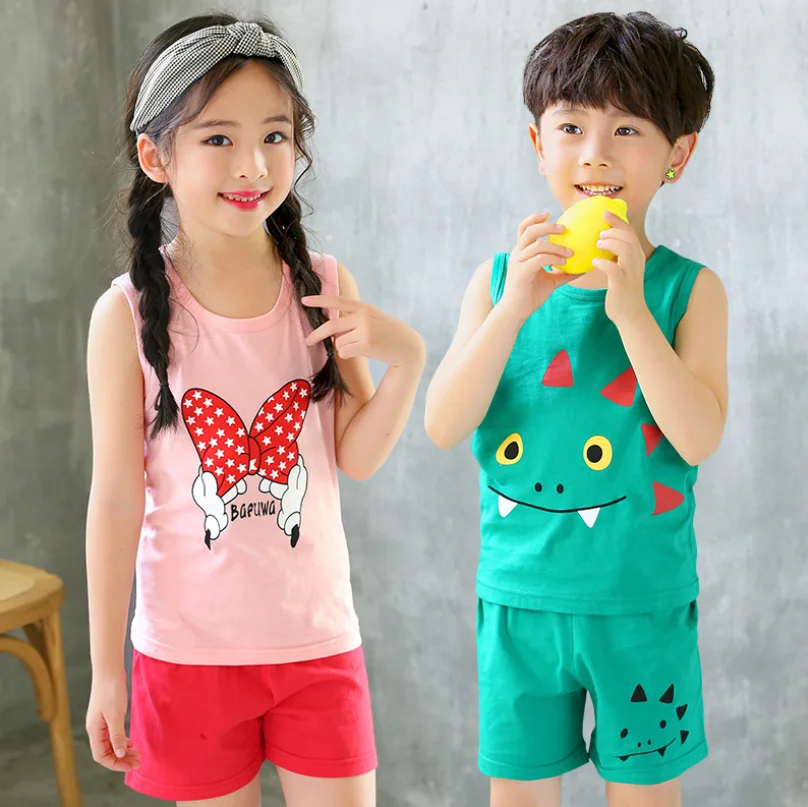 Girls Boys Summer Clothing Set Cotton Homewear Kids Clothes Tank tops T shirt Beach Shorts outfits Pyjamas For 2 4 6 8 10 Years | Детская