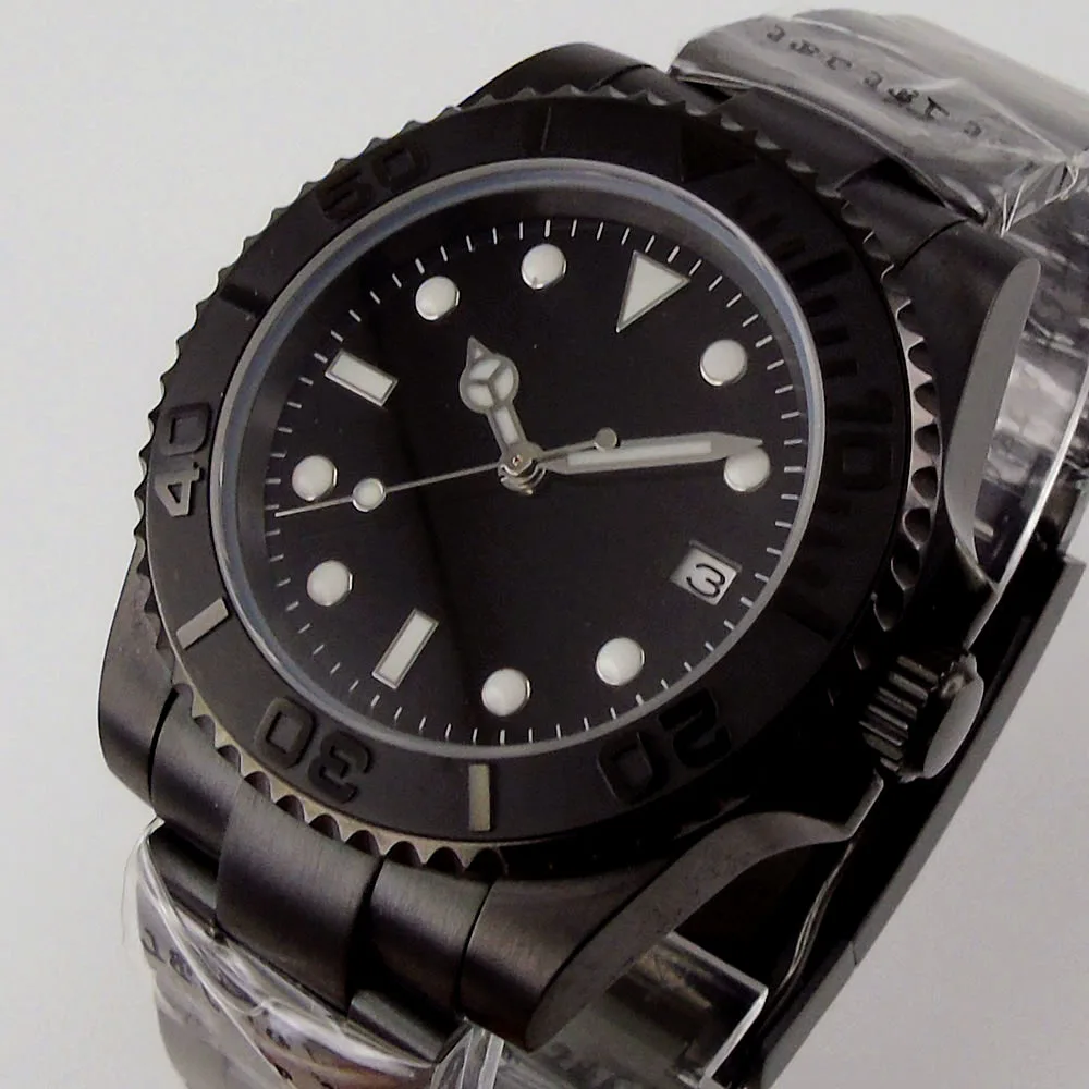 

40mm Sterile Black Dial Luminous PVD Coated Brushed Ceramic Bezel Sapphire Glass NH35 Miyota 8215 Automatic Men's Watch