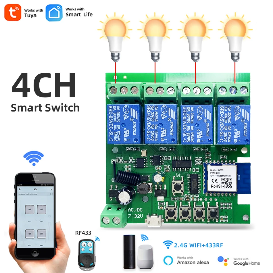 4CH Wifi умный выключатель света RF433 DC5V 12V 24V 32V 4-канальное Inch Pulse реле дистанционное