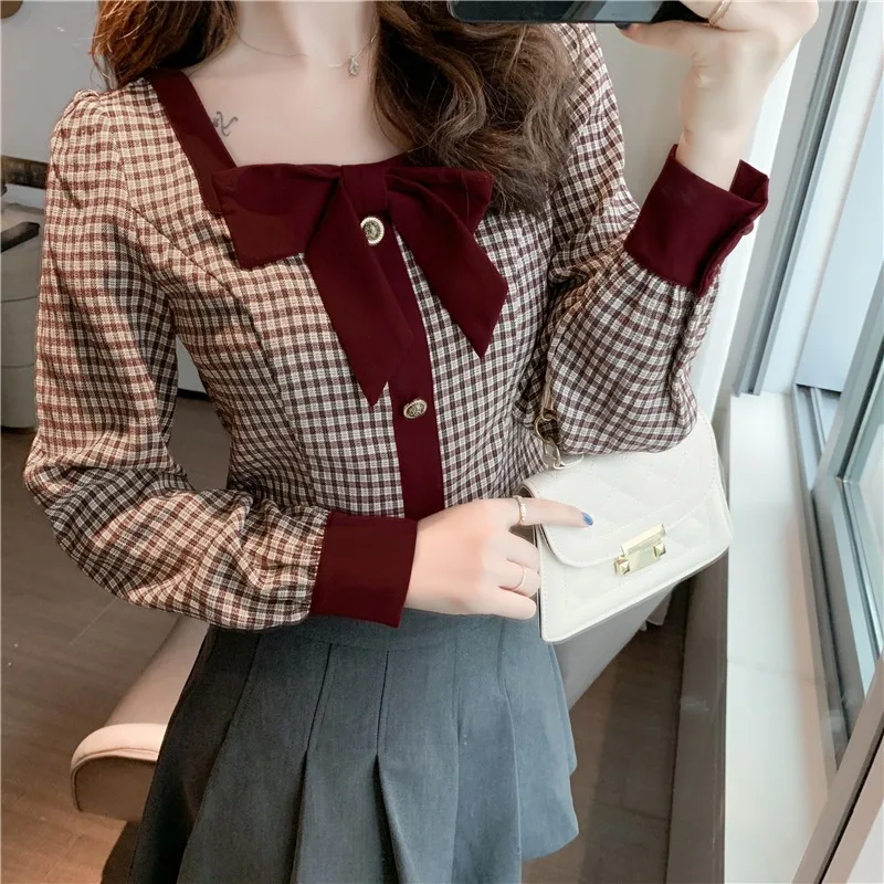 Рубашка женская в клетку, с длинным рукавом, на шнуровке, с бантом, в Корейском стиле, большие размеры, весна-осень 2021 
Рубашка женская в клетку, с длинным рукавом, на шнуровке, с бантом, в Корейском стиле, большие размеры, весна-осень 2021