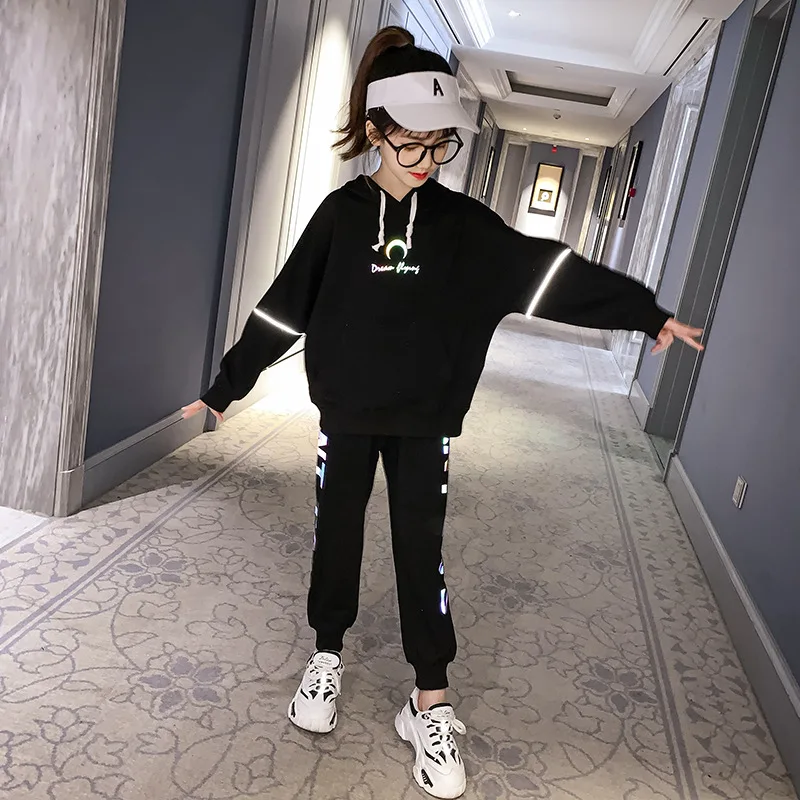 2021 teenager Autumn Children Girl Clothes Suit Reflective Wing Jacket hoodie + Pants 2Pcs tracksuit Kids 6 7 8 9 10 11 12 year | Мать и