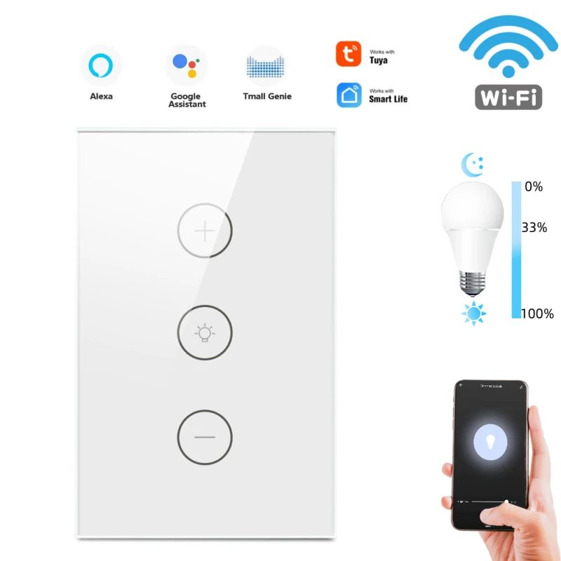 Tuya Smart Switch WiFi Wall Touch Infinite Dimming Switch Glass Panel Wireless US Standard Work With Google Home and Alexa
Tuya Smart Switch WiFi Wall Touch Infinite Dimming Switch Glass Panel Wireless US Standard Work With Google Home and Alexa