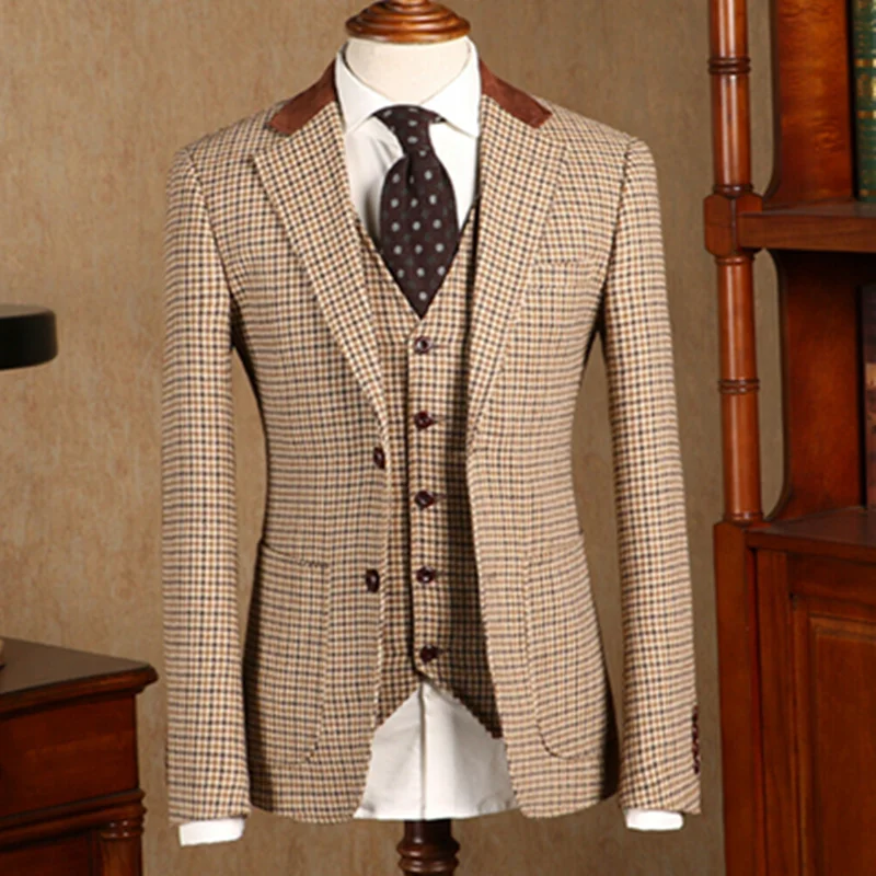 

Newest Khaki Houndstooth Suits Formal Wool Blend Tweed Vintage Tuxedo Men's Two Button Notch Lapel Suits