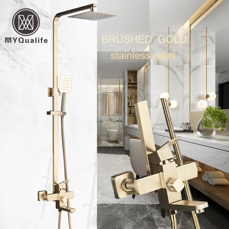 

Brushed Gold Shower Mixer Faucet Rotate Tub Spout Wall Mount 8" Rainfall Shower Head + Hand Shower Stainless Steel Shower Faucet
