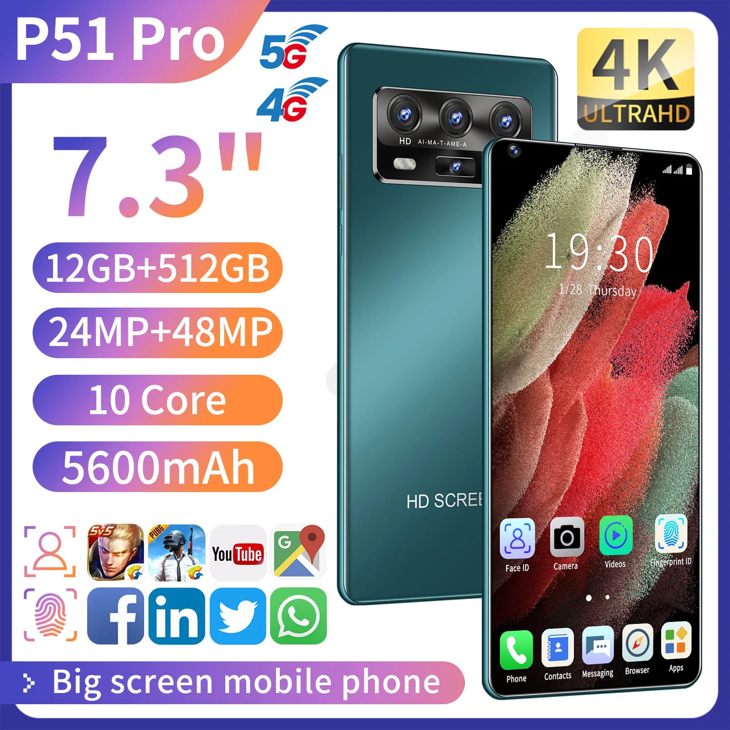 P51 Pro 7.3 Inch Global Version 24+48MP Andriod Sm Artphones 12GB RAM 512GB ROM 10 Core MTK6889 Dual SIM 4G LTE 5G Cell Phone
P51 Pro 7.3 Inch Global Version 24+48MP Andriod Sm Artphones 12GB RAM 512GB ROM 10 Core MTK6889 Dual SIM 4G LTE 5G Cell Phone