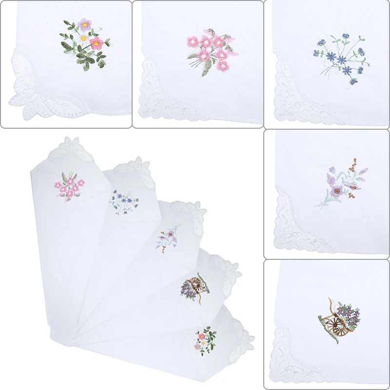 

6pcs/set White Embroidered Hankies Vintage Butterfly Lace Flower Hankies Cotton Floral Assorted Napkin Cloth 28cm X 28cm