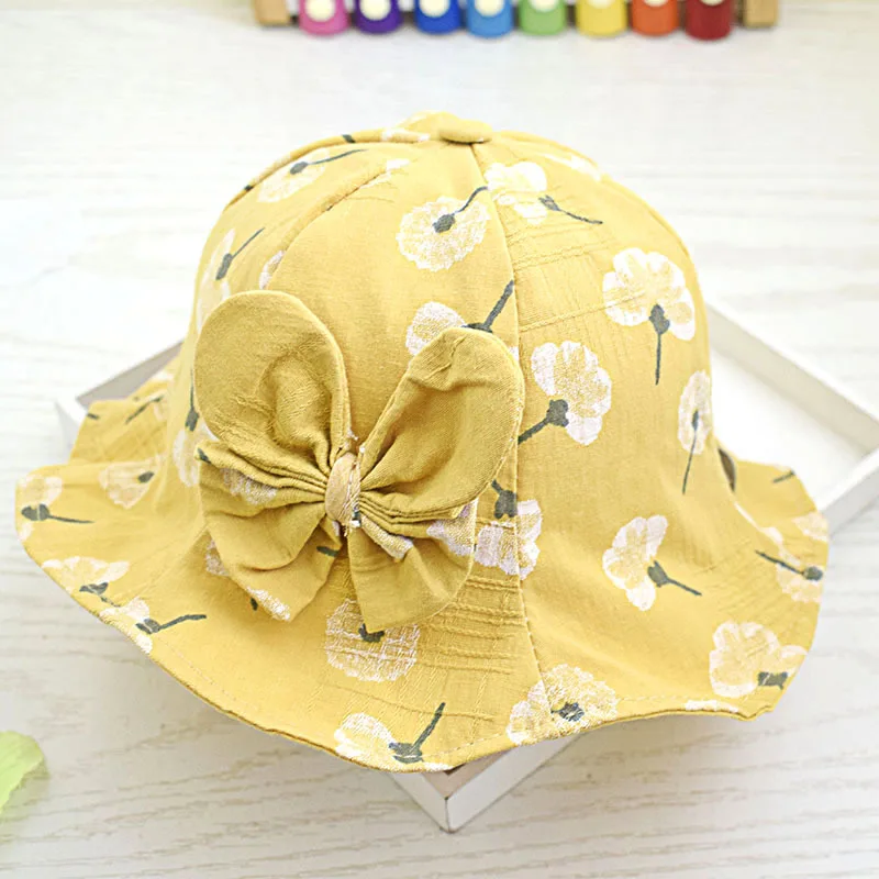 New Bow Summer Spring Baby Bucket Hat Kids Girls Wide Brim Flowers Print Girl Fisherman Sun Princess Children's Panama Cap | Детская