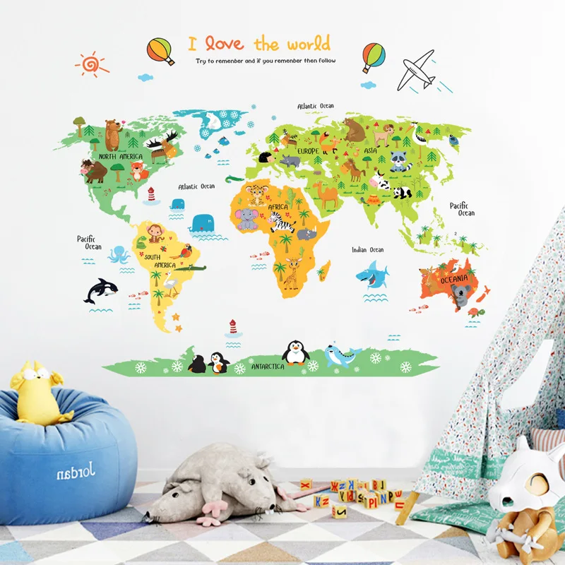 Большой животный мир карта Настенная Наклейка детская комната Домашний Декор на