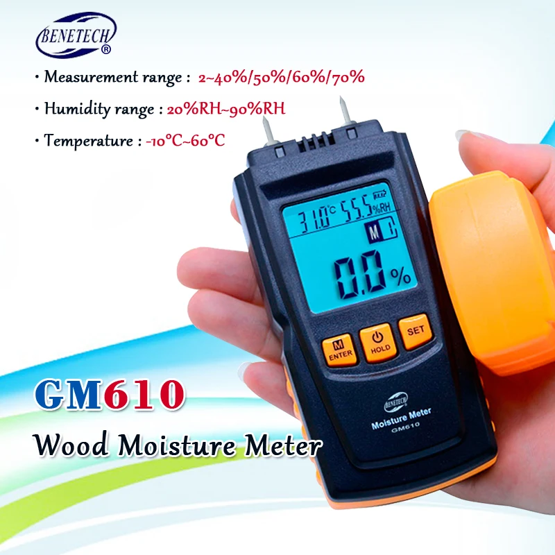 Измеритель влажности древесины BENETECH GM610, 2 иглы, детектор Влажности для древесины, гигрометр, диапазон от 0 до 70%, цифровой ЖК-дисплей
Измеритель влажности древесины BENETECH GM610, 2 иглы, детектор Влажности для древесины, гигрометр, диапазон от 0 до 70%, цифровой ЖК-дисплей