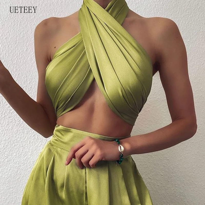 

UETEEY Chic Women Satin Criss-Cross Halter Top Sleeveless Backless Bandage Cropped Mini Vest Sexy Bustier Cami Top Elegant Lady