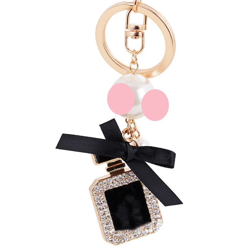 

Bow Imitation Pearl Perfume Bottle Keychain Car Key Ring Holder Bag Pendant Accessories Keyfob Women Birthday Present Keyring
