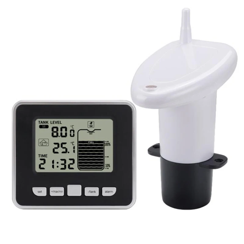 

Ultrasonic Water Tank Level Meter Temperature Sensor Low battery Liquid Depth Indicator Time Alarm Transmitter Measuring Tools