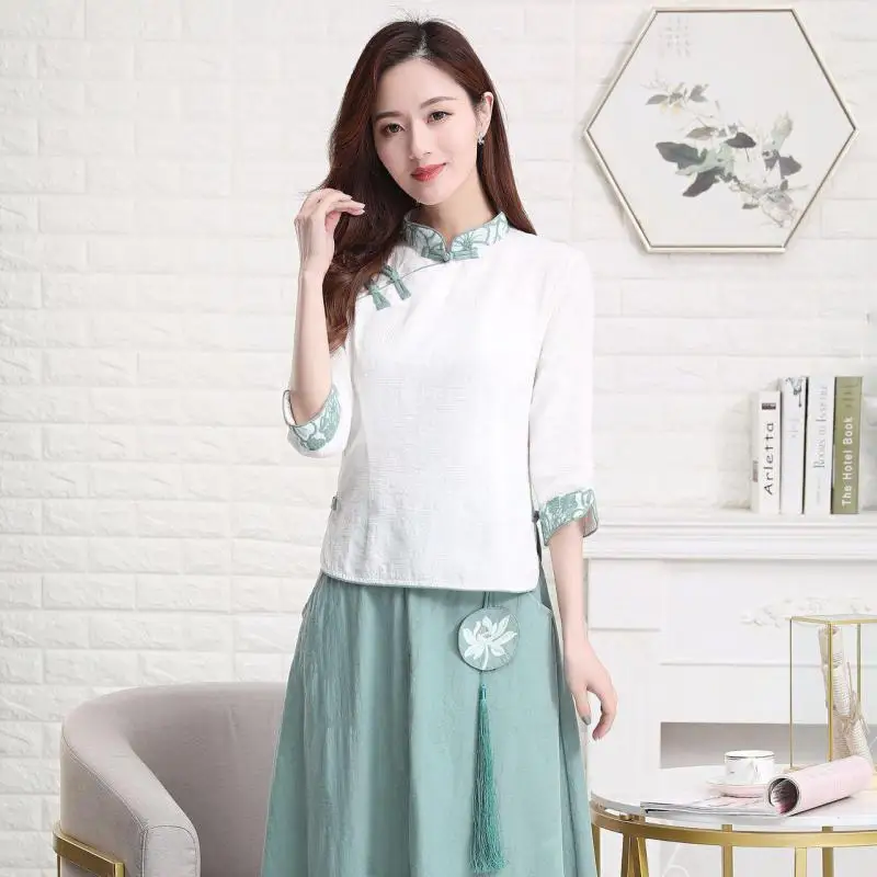 Vintage Tops Summer New Women White Cotton Linen Blouse Elegant Mandarin Collar Half Sleeve Shirt Large Size M L XL XXL 3XL 
Vintage Tops Summer New Women White Cotton Linen Blouse Elegant Mandarin Collar Half Sleeve Shirt Large Size M L XL XXL 3XL