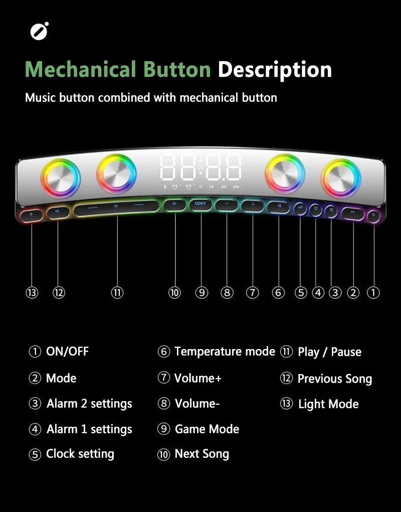 3600mAh Bluetooth Wireless Game Speaker Soundbar USB 3D Stereo Subwoofer AUX FM Home Clock Indoor Sound Bar Computer Loudspeaker
3600mAh Bluetooth Wireless Game Speaker Soundbar USB 3D Stereo Subwoofer AUX FM Home Clock Indoor Sound Bar Computer Loudspeaker