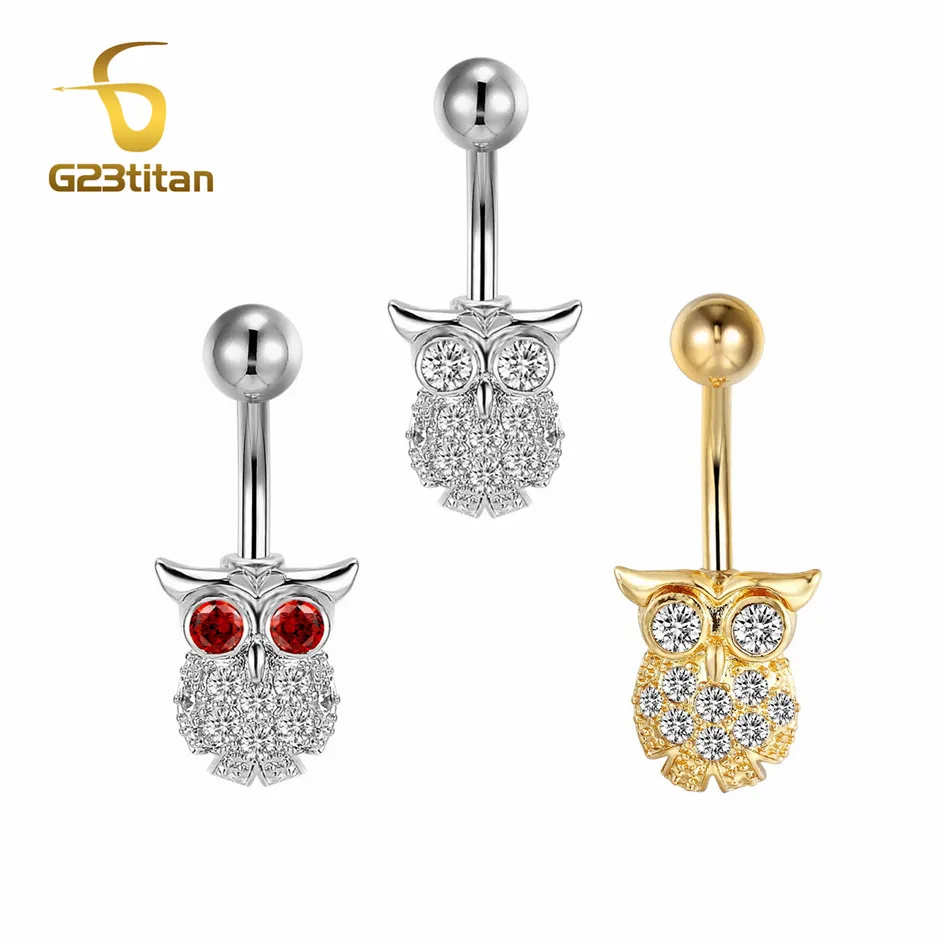 

G23titan 16g Piercing Navel Bar Crystal Owl Style Belly Rings Body Jewelry Stainless Steel or Titanium Barbell Gold Color