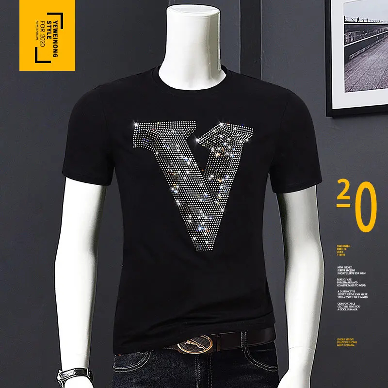 Plus Size 2021 summer 3D Rhinestones T Shirts Men High quality short sleeves British style 
Plus Size 2021 summer 3D Rhinestones T Shirts Men High quality short sleeves British style
