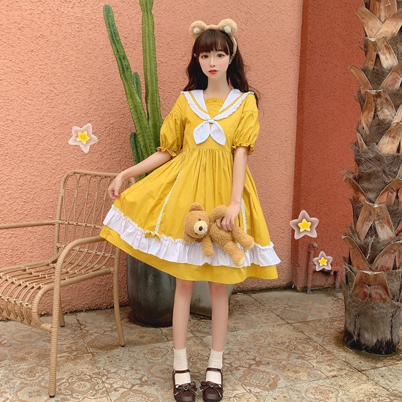 2020 Sweet Girls College Lolita Style Summer Dress Cute Sailor Preppy Short Sleeve Woman Collar Lace Bow Vintage Yellow Dresses
2020 Sweet Girls College Lolita Style Summer Dress Cute Sailor Preppy Short Sleeve Woman Collar Lace Bow Vintage Yellow Dresses
