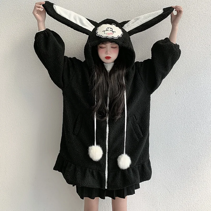 

Japanese Soft Girl Cute Bunny Ears Hooded Thick Lambswool Midi Long Women Coat Zipper Kawaii Lolita Long Sleeve Winter Outerweat