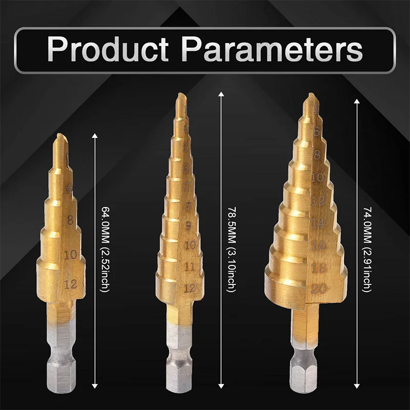 HSS Steel Titanium Step Core Drill Bits 3-12Mm 4-12Mm 4-20Mm Step Cone Woodworking Metal Drilling Bit Set
HSS Steel Titanium Step Core Drill Bits 3-12Mm 4-12Mm 4-20Mm Step Cone Woodworking Metal Drilling Bit Set