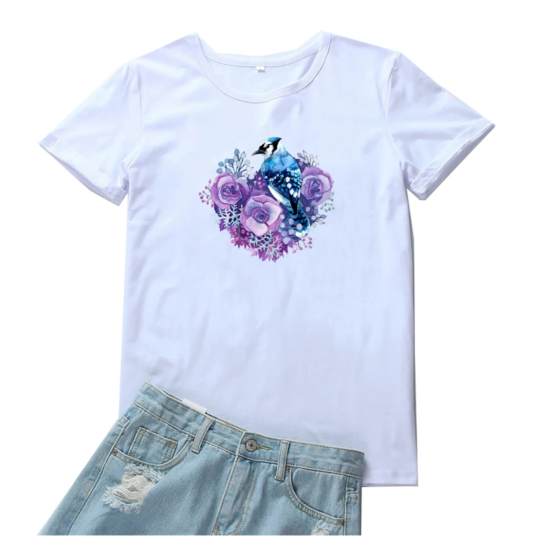 Футболка женская с цветочным принтом и птицами, Модный хлопковый топ с круглым вырезом, Повседневная белая рубашка в эстетическом стиле 
Футболка женская с цветочным принтом и птицами, Модный хлопковый топ с круглым вырезом, Повседневная белая рубашка в эстетическом стиле