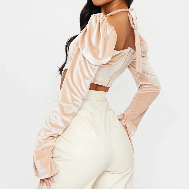 Fashion Velvet Puff Sleeve Sexy Halter Crop Top Square Collar Long Sleeve Backless Lace Up Short Irregular Personalized T-shirt 
Fashion Velvet Puff Sleeve Sexy Halter Crop Top Square Collar Long Sleeve Backless Lace Up Short Irregular Personalized T-shirt