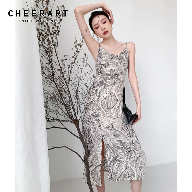 

CHEERART Ink Painting Long Midi Summer Dress 2021 Korean Fashion V Neck Spaghetti Strap Cami Slip Dress Ladies Slit Sundress