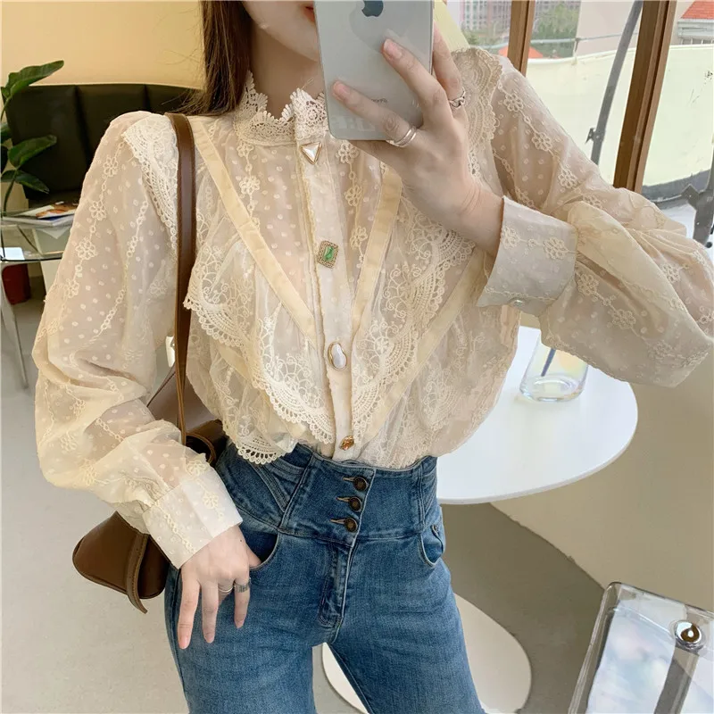 

HziriP 2021 Ruffles Fashion Lace O-Neck Spliced Shirt Single-Breasted Full Sleeved Women Shirt Solid Elegant Korean Slim Gentle