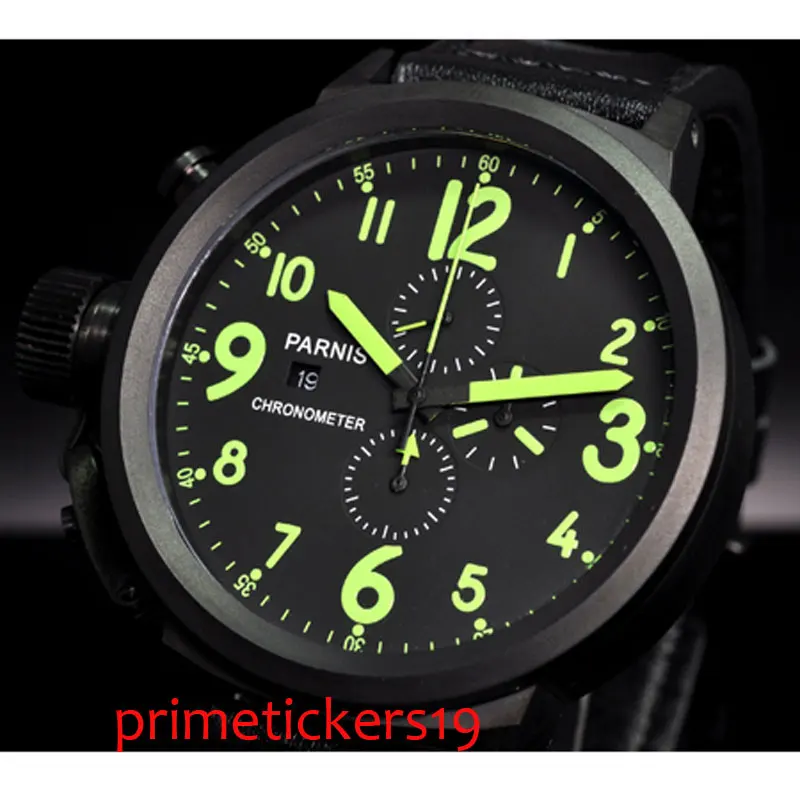 

Green marks 50mm black dial PVD coated case date mens quartz watch chronograph P76