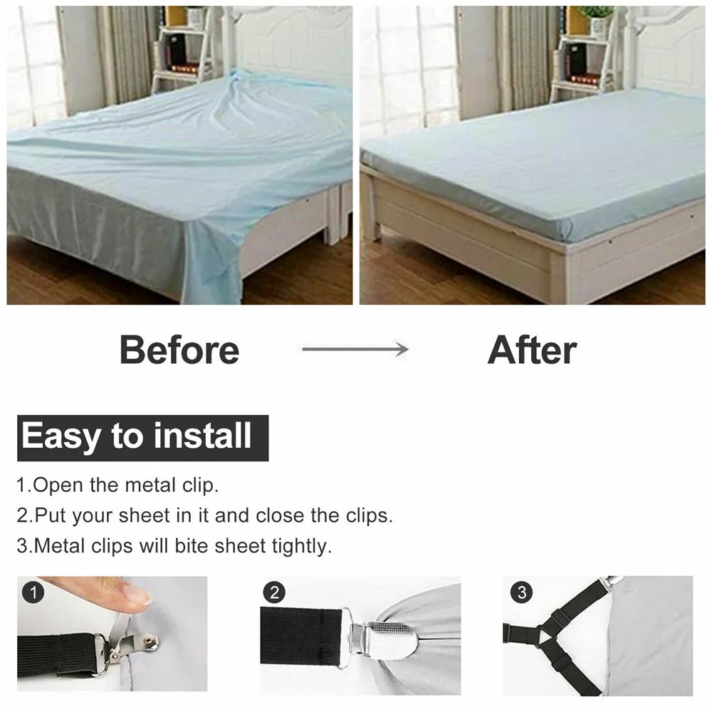 4Pcs/set Elastic Bed Sheet Grippers Belt Fastener Bed Sheet Clips Mattress Cover Blankets Holder Home Textiles Organize Gadgets
4Pcs/set Elastic Bed Sheet Grippers Belt Fastener Bed Sheet Clips Mattress Cover Blankets Holder Home Textiles Organize Gadgets