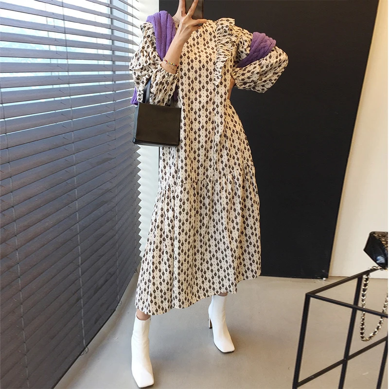 Women Autumn Lantern Sleeve Midi Dresses Ruffle Casual Korean Fashion Maxi Vestido Vintage Oversize Loose O Neck Robe 
Women Autumn Lantern Sleeve Midi Dresses Ruffle Casual Korean Fashion Maxi Vestido Vintage Oversize Loose O Neck Robe