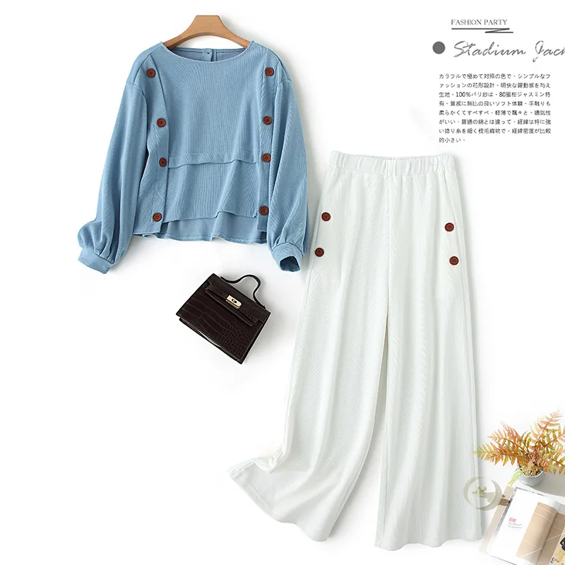 Autumn Fashion Women Button Trousers Suit Two Piece Suits Elegant O Neck Loose Blouse Shirt+Wide-Leg Long Pants Female Set 
Autumn Fashion Women Button Trousers Suit Two Piece Suits Elegant O Neck Loose Blouse Shirt+Wide-Leg Long Pants Female Set