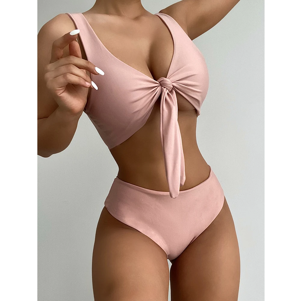 

Mid Waist Bikini Set 2021 New Sexy Bow-Knot Swimwear Women Swimsuit Female Solid Color Bikini Bather Bathing Suit Beachwear Swim