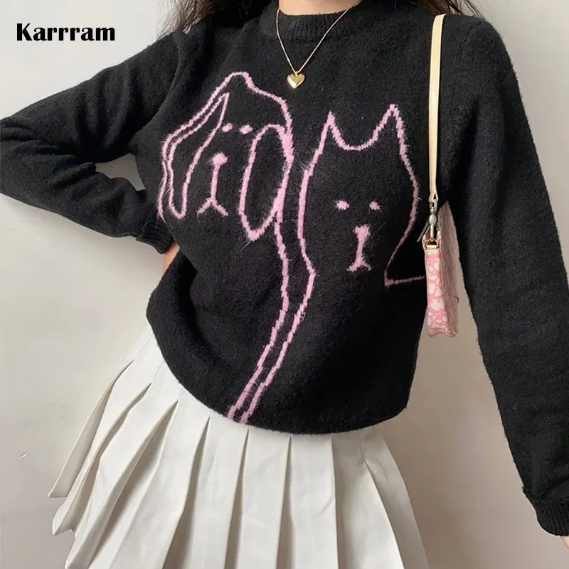 Karrram Vintage Print Knitted Sweater Women Loose Korean Style Black Pullover Autumn Winter Japanese Kawaii Knitwear Streetwear
Karrram Vintage Print Knitted Sweater Women Loose Korean Style Black Pullover Autumn Winter Japanese Kawaii Knitwear Streetwear