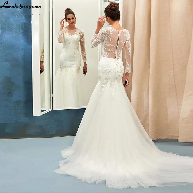 Long Sleeve Lace Appliqued Mermaid Wedding Dresses 2020 Illusion Back Soft Tulle Bridal Gowns with Court Train vestido longo
Long Sleeve Lace Appliqued Mermaid Wedding Dresses 2020 Illusion Back Soft Tulle Bridal Gowns with Court Train vestido longo