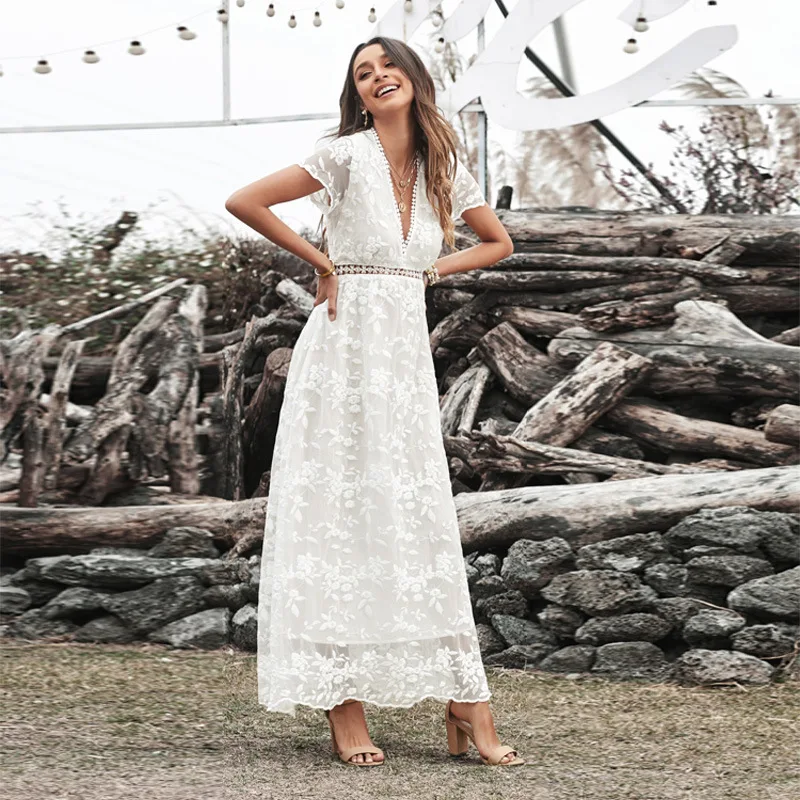 Summer Elegant Lace Hook Flower Hollow Out White Long Dress Women's Fashion Temperament Office Solid Color V-neck Formal Dress
Summer Elegant Lace Hook Flower Hollow Out White Long Dress Women's Fashion Temperament Office Solid Color V-neck Formal Dress